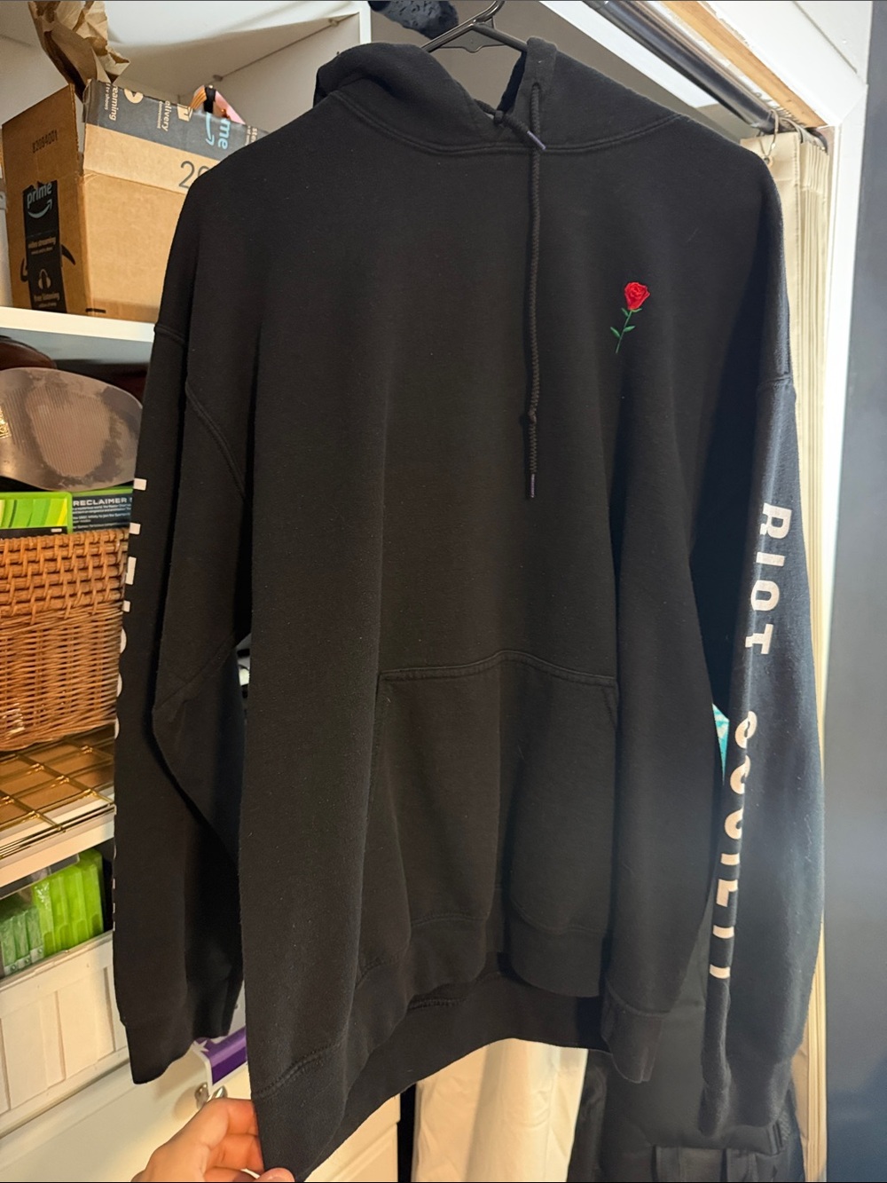 Black Hoodie with Small Red Rose Embroidery (Riot Society) - Men's Hoodie